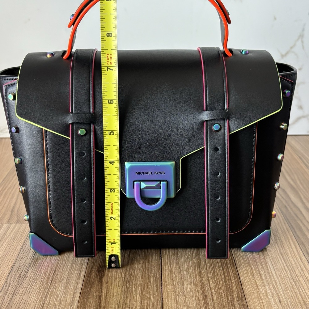 Michael Kors Manhattan Black Medium Leather Unique Satchel Neon Colors Crossbody - Picture 11 of 16